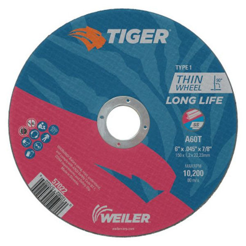 WEILER 57022 Tiger Thin Cutting Wheels, 6" Dia, .045" Thick, 7/8" Arbor, Grit 24