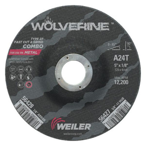 WEILER 56428 Wolverine Combo Wheels, 5" Dia, 1/8" Thick, 7/8" Arbor, 24 Grit, T