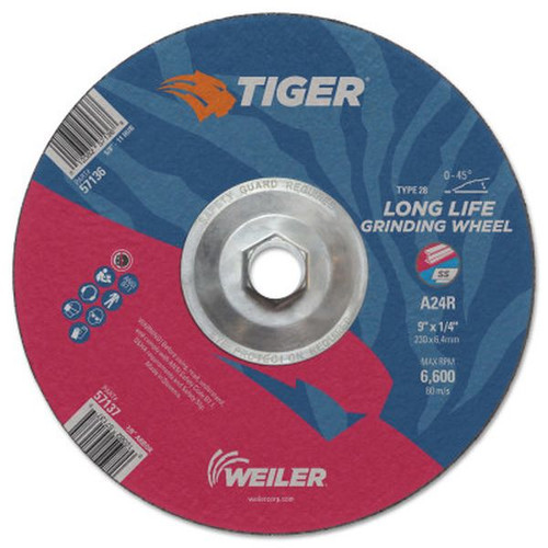 WEILER 57136 Tiger Grinding Wheels, 9" Dia., 1/4" Thick, 24 Grit, Aluminum Oxide