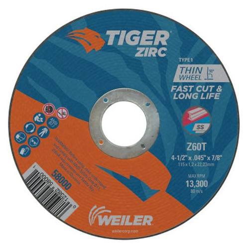 WEILER 58000 Tiger Zirc Thin Cutting Wheels 4 1/2" Dia .045 Thick 7/8" Arbor Grit 60