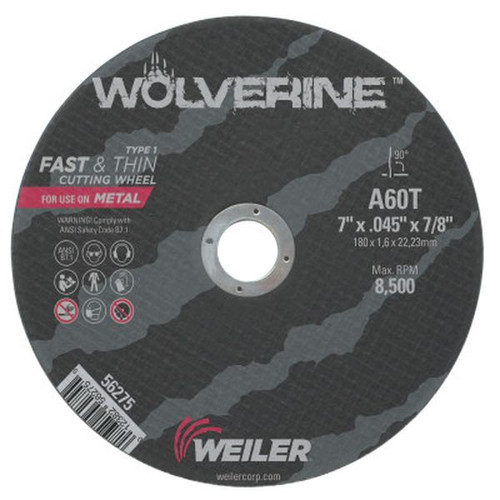 WEILER 56275 Thin Cutting Wheel, 7" Dia, .045" Thick, 60 Grit Alum. Oxide