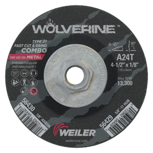 WEILER 56429 Wolverine Combo Wheels 4 1/2" Dia 1/8 Thick 5/8" - 11 Arbor 24 Grit R