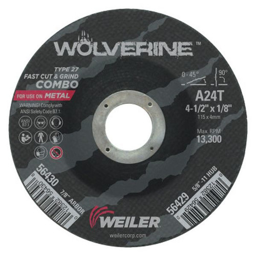 WEILER 56430 Wolverine Combo Wheels 4 1/2" Dia 1/8" Thick 7/8" Arbor 24 Grit R