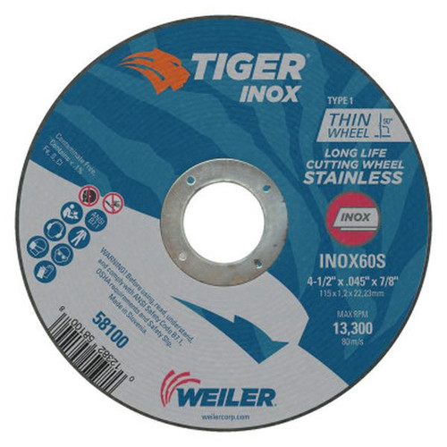 WEILER 58100 Tiger-ox Thin Cutting Wheels, 4 1/2" Dia, .045" Thick, 7/8" Arbor
