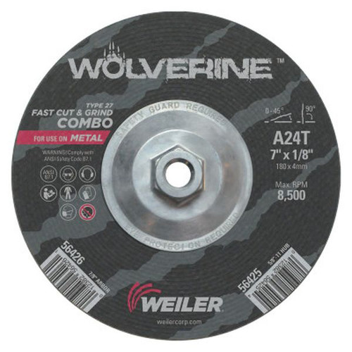 WEILER 56425 Wolverine Combo Wheels, 7" Dia, 1/8" Thick, 5/8" Arbor, 24 Grit, T