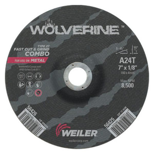 WEILER 56426 Wolverine Combo Wheels, 7" Dia, 1/8" Thick, 7/8" Arbor, 24 Grit, T