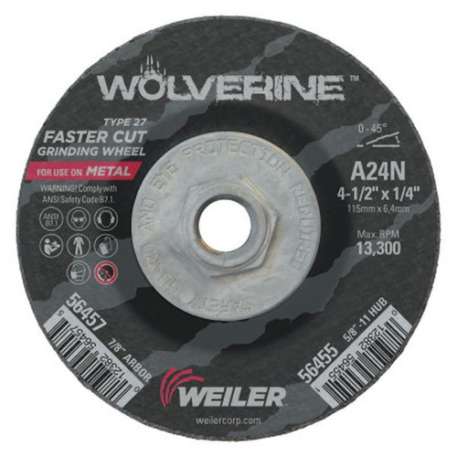 WEILER 56455 Wolverine Grinding Wheels 4 1/2", 1/4" Thick 5/8" Arbor 24 Grit N