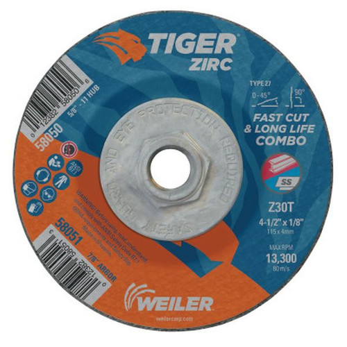 WEILER 58050 Tiger Zirc Combo Wheels, 4 1/2" Dia, 1/8" Thick, 5/8"-11 Arbor