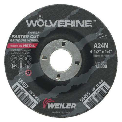 WEILER 56457 Wolverine Grinding Wheels 4 1/2", 1/4" Thick 7/8" Arbor 24 Grit N