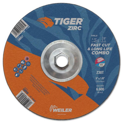 WEILER 58057 Tiger Zirc Combo Wheels, 9" Dia., 1/8" Thick, 30 Grit, Zirconium