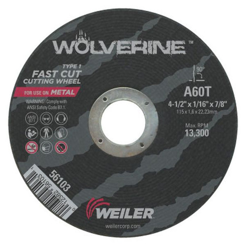 WEILER 56103 Wolverine Thin Cutting Wheels 4 1/2" Dia 1/16" Thick 60 Grit Alum Oxide