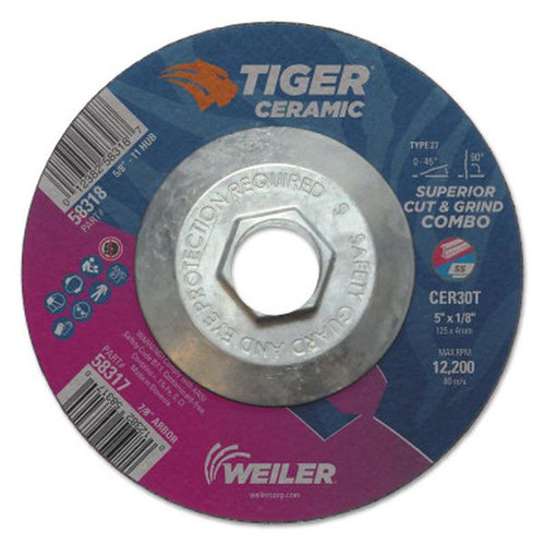 WEILER 58318 Tiger Ceramic Combo Wheels 5" 1/8" Thick 30 Grit Ceramic Alumina