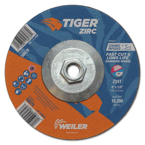 WEILER 58078 Tiger Zirc Grinding Wheels, 6" Dia., 1/4" Thick, 24 Grit, Zirconium