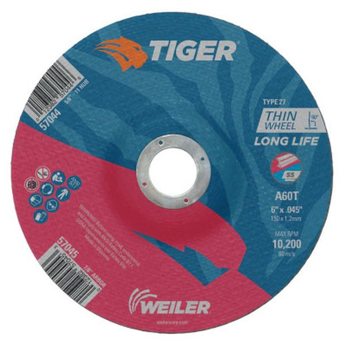 WEILER 57045 Tiger Thin Cutting Wheels, 6" Dia, .045" Thick, 7/8" Arbor, Grit 60