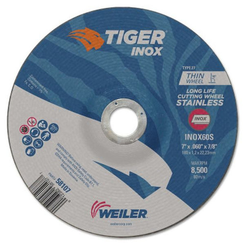 WEILER 58107 Tiger-ox Thin Cutting Wheels Type 27 7" 0.045" Thick 7/8" Arbor 25pk