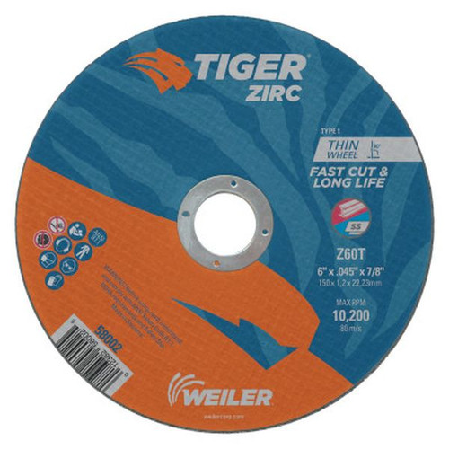 WEILER 58002 Tiger Zirc Thin Cutting Wheels 6" Dia .045 Thick 7/8" Arbor Grit 60