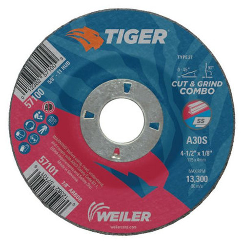WEILER 57101 Tiger Combo Wheels, 4 1/2" Dia, 7/8" Arbor, 30 Grit
