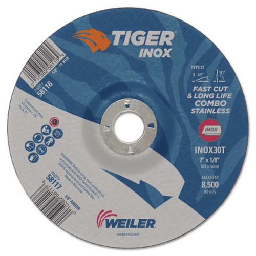 WEILER 58117 Tiger-ox Combo Wheels, 7" Dia., 1/8" Thick, 7/8" Arbor, 30 Grit
