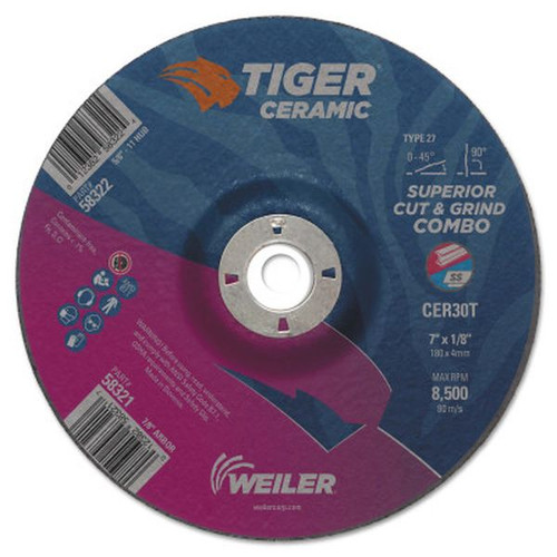 WEILER 58321 Tiger Ceramic Combo Wheels 7" Dia. 1/8" Thick 7/8" Arbor 30 Grit