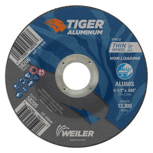 WEILER 58205 Aluminum Cutting Wheels 4.5" Dia 7/8" Arbor T27 60 Grit Alum. Oxide