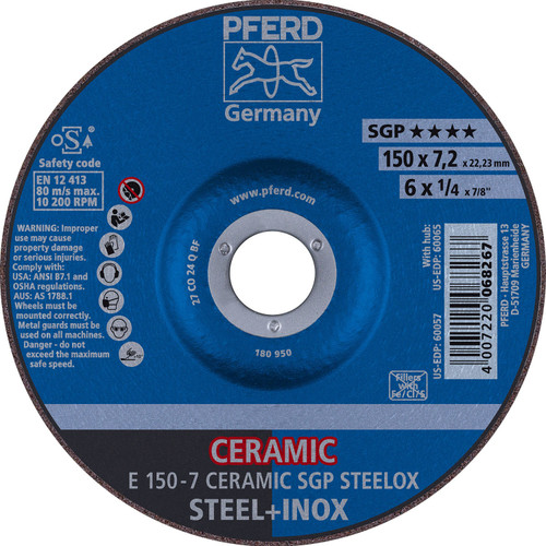 PFERD 60057 6" x 1/4" Grinding Wheel 7/8" AH, CO 24 Q SG, STEEL, STAINLESS, Type 27