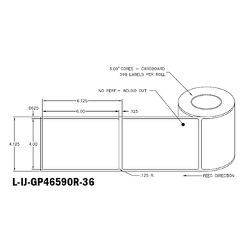 4 in W x 6 in L IJ High-Gloss Paper Labels, 6 in OD, 3 in Core, White, General Purpose Permanent Adhesive, No Perf, 590 Labels/Roll, 4 Rolls/Case, 1 Case (2,360 Labels), Black Rhino Stock Labels