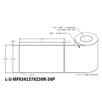 8.375 in W x 13.875 in L IJ Matte Film Labels, 6 in OD, 3 in Core, White, High Performance Permanent Adhesive, Perf, 230 Labels/Roll, 4 Rolls/Case, 1 Case (920 Labels), Black Rhino Stock Labels