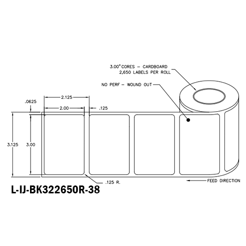 3 in W x 2 in L IJ Matte Film - BS5609 Certified Labels, 8 in OD, 3 in Core, White, Freezer Grade Adhesive, No Perf, 2,650 Labels/Roll, 4 Rolls/Case, 1 Case (10,600 Labels), Black Rhino Preferred