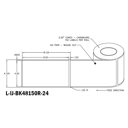 4 in W x 8 in L IJ Matte Film - BS5609 Certified Labels, 4 in OD, 2 in Core, White, Freezer Grade Adhesive, No Perf, 150 Labels/Roll, 12 Rolls/Case, 1 Case (1,800 Labels), Black Rhino Preferred