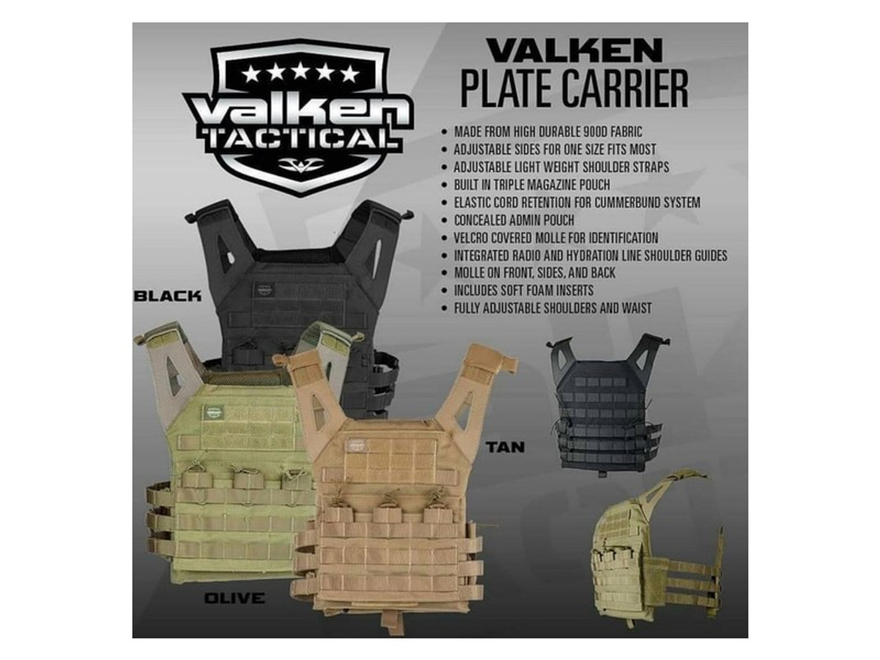 Valken Plate Carrier II - Black, Olive, Tan - MR Paintball Gear Canada