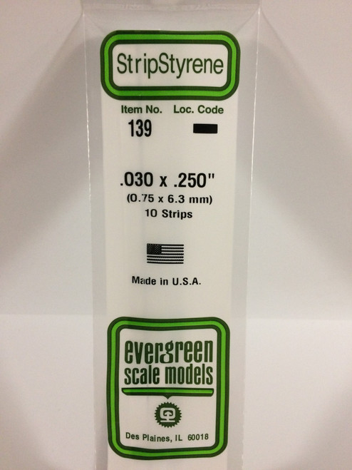 Styrene Strip .030 x .250" (0.75 x 6.3mm) Length: 14" (35cm) 10pcs 139