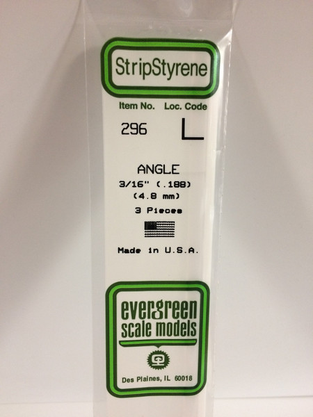 Styrene Angle 3/16"  Length: 14" (35cm) 3pcs 296