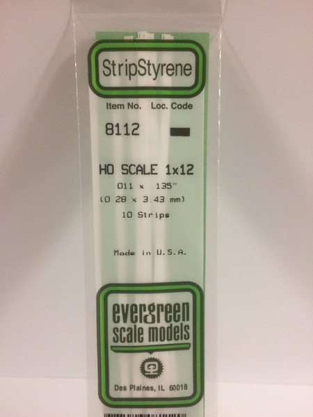 Styrene HO Scale Strips (1x12) .011 x .135" (0.28 x 3.43mm) Length: 14" (35cm) 10pcs 8112