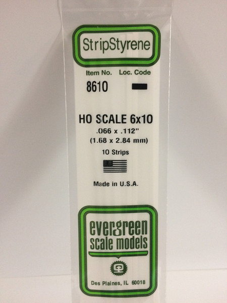 Styrene HO Scale Strips (6x10) .066 x .112" (1.68 x 2.84mm) Length: 14" (35cm) 10pcs 8610