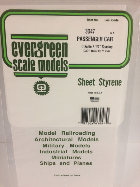 Styrene O Scale Passenger Car Siding 6" x 12" (15 x 30cm) Spacing: 2-1/4" Thickness: .030" (0.75mm) 1pce 3047