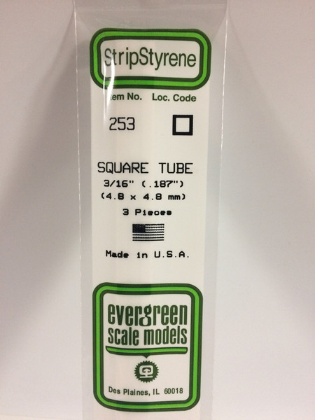 Styrene Square Tube 3/16" (.187") (4.8x4.8mm) Length: 14" (35cm) 3pcs 253