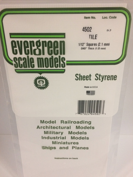 Styrene Square Tile 6" x 12" (15 x 30cm) Squares: 1/12" (2.1mm) Thickness: .040" (1.0mm) 1pce 4502