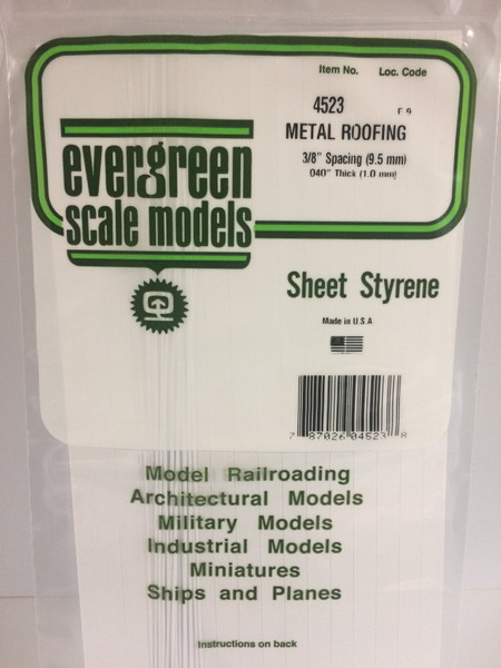 Styrene Standing Seam Roof (Metal Roofing) 6" x 12" (15 x 30cm) Spacing: 3/8" (9.5mm) Thickness: .040" (1.0mm) 1pce 4523