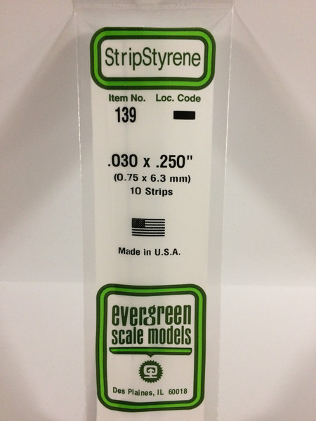 Styrene Strip .030 x .250" (0.75 x 6.3mm) Length: 14" (35cm) 10pcs 139