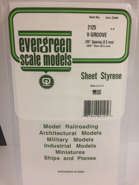 Styrene V-Groove Siding 6" x 12" (15 x 30cm) Spacing: .125" (3.2mm) Thickness: .020" (0.5mm) 1pce 2125