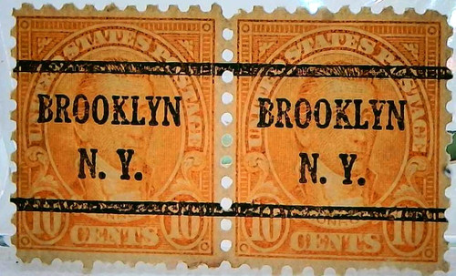 1923 10 Cent Orange Perf 10 Horizontal Pair, Scott# 562C Vibrant color "Brooklyn" precancel, Very Rare Pair well centered, should be perf 11 one of the wheels became defective. This is an out of gauge, there are no duplications. Census shows two unused singles, eleven used singles, one single a pair and two pairs, for a total of two unused and sixteen used except one pair have precancels. Census no. 562C-CAN-PR-14.
