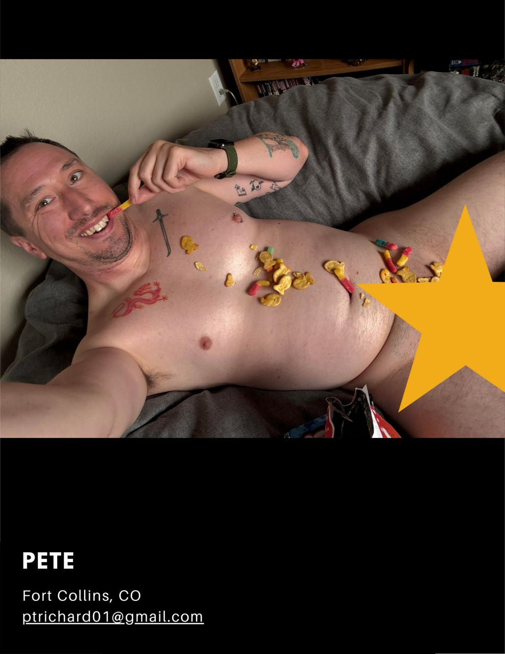 Alt-text: A nude man named Pete lying on a couch in Fort Collins, Colorado, smiling while eating candy. Goldfish crackers and gummy worms are scattered across his chest and torso. A star covers his genitals. His name, location, and email appear in white text at the bottom.