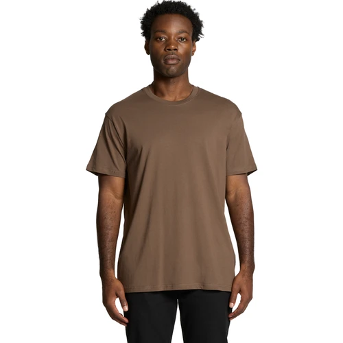 External fit reference: plain brown T-shirt showing shoulder position, sleeve length and body length on a model