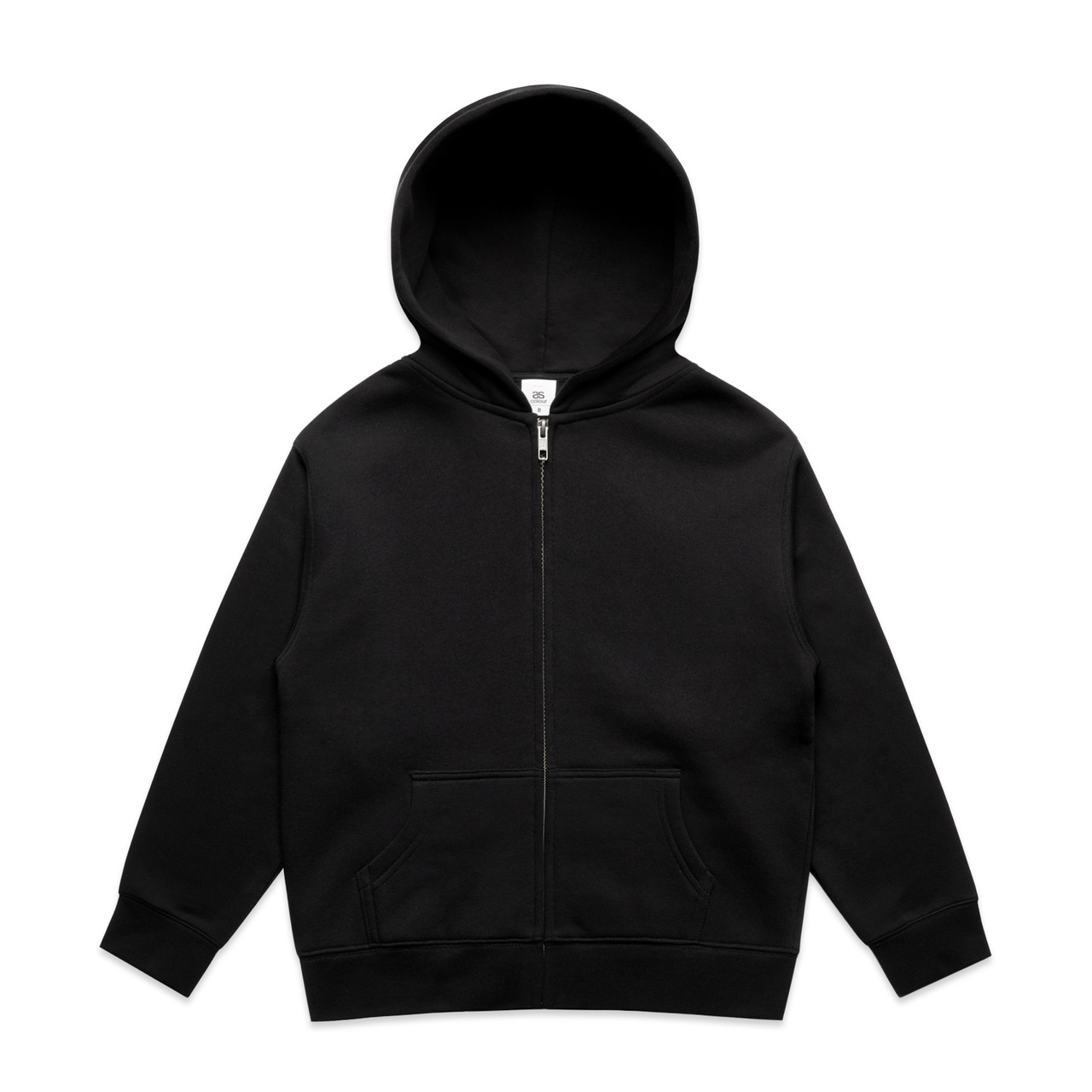 AS Colour 3039 Youth Relax Zip Hood Black front view for custom printing