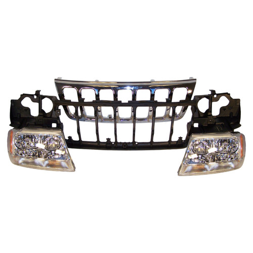 Crown Automotive 55155498K Header Panel Kit for 1999-2003 Jeep WJ Grand Cherokee, Includes Header Panel, Chrome Grille, and Headlamps