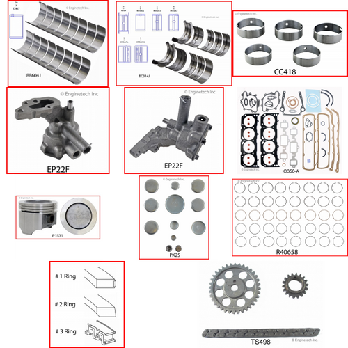 Enginetech RCO350 Engine Rebuild Kit for 1974-1976 Oldsmobile 350 5.7L V8 .040" Over Bore (4.095")