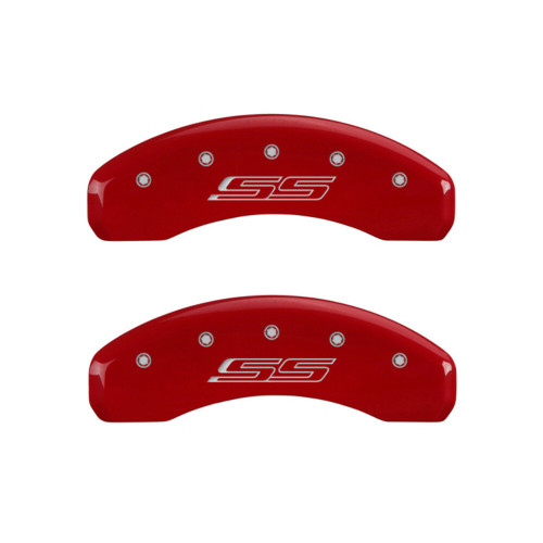 MGP 4 Caliper Covers Engraved Front Gen 5/Camaro Engraved Rear Gen 5/SS Red Finish Silver Characters