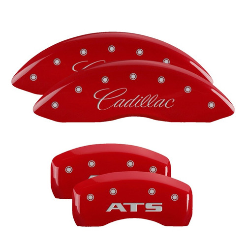 MGP 4 Caliper Covers Engraved Front Cadillac Engraved Rear ATS Red Finish Silver Characters
