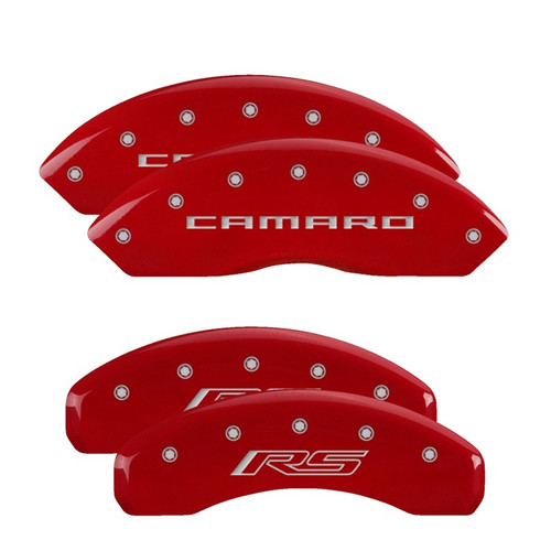 MGP 4 Caliper Covers Engraved Front Gen 5/Camaro Engraved Rear Gen 5/RS Red Finish Silver Characters