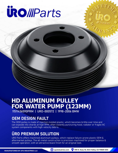URO Parts Aluminum Water Pump Pulley 11511436590PRM for 1998-2006 BMW 3.0L 2.5L (323Ci, 323i, 325Ci, 325i)
